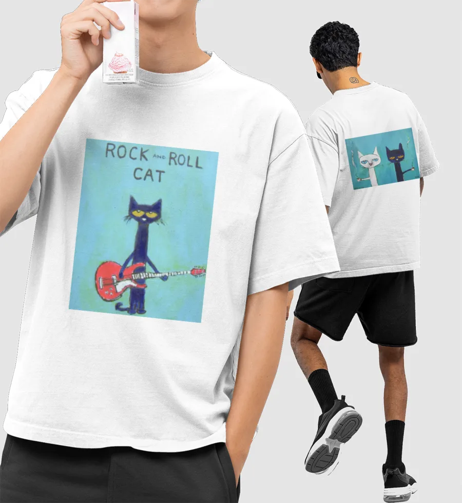 Rock & Roll Cat Oversized T-Shirt (Front & Back Print)