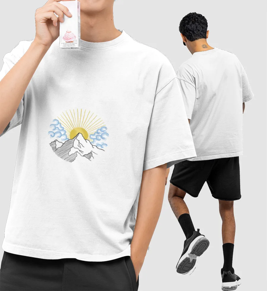  trendy mountain sunrise illustration travel pahad Front-Printed Oversized T-Shirt