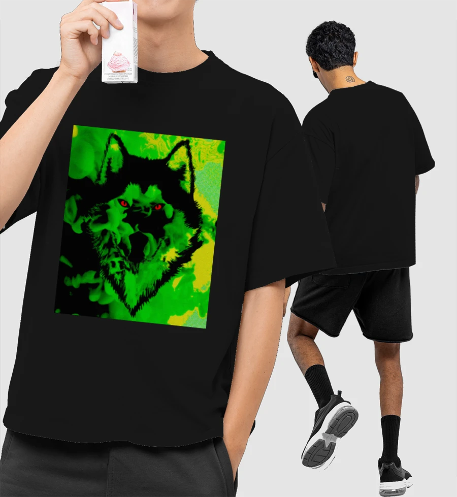 Cool Wolf Face Design Front-Printed Oversized T-Shirt