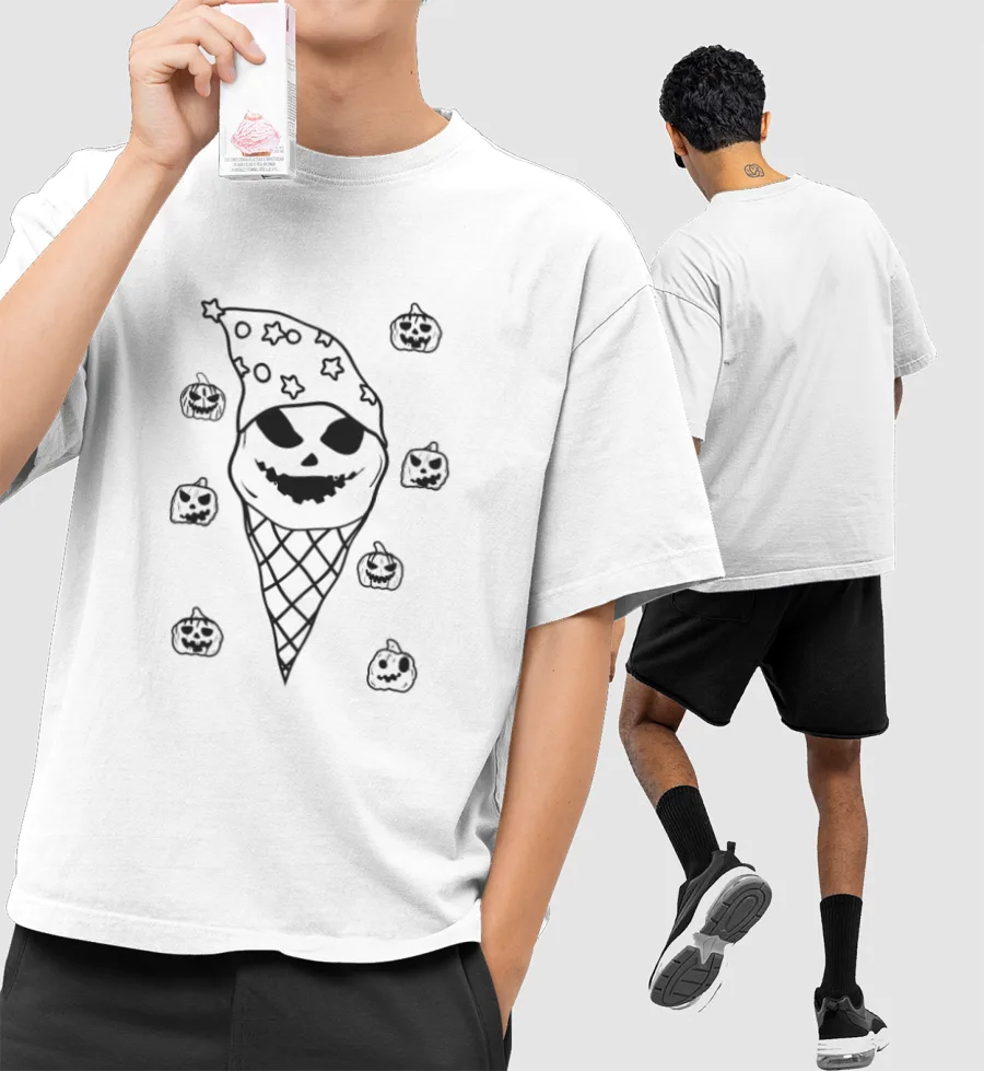 Vintage Spooky Halloween Hat Ice Cream Cone Front-Printed Oversized T-Shirt