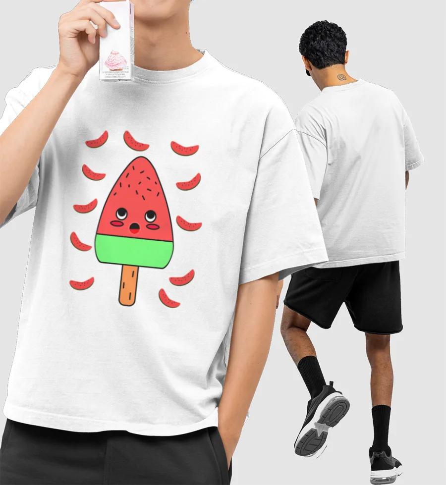  Cool Kawaii Watermelon Ice Cream Candy Front-Printed Oversized T-Shirt