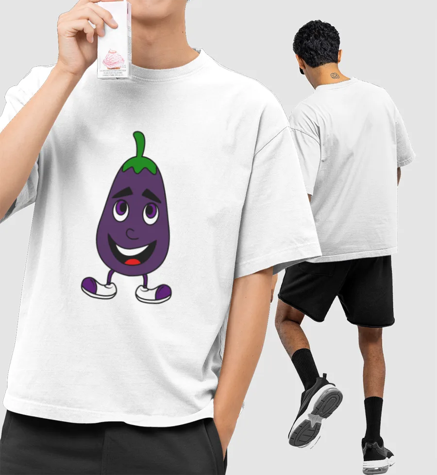 Cool Eggplant Brinjal Vegan Vegetable Illustration Front-Printed Oversized T-Shirt