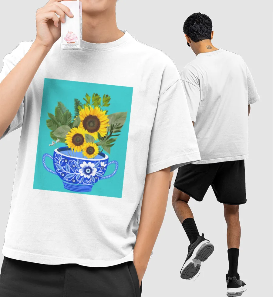 Sunflowers in a blue vase Front-Printed Oversized T-Shirt