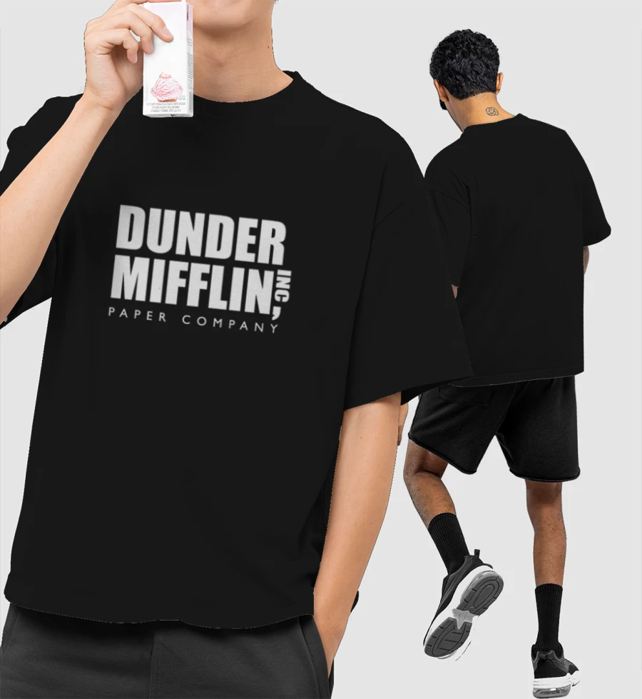 Dunder Mifflin Paper Company in White Text Front-Printed Oversized T-Shirt