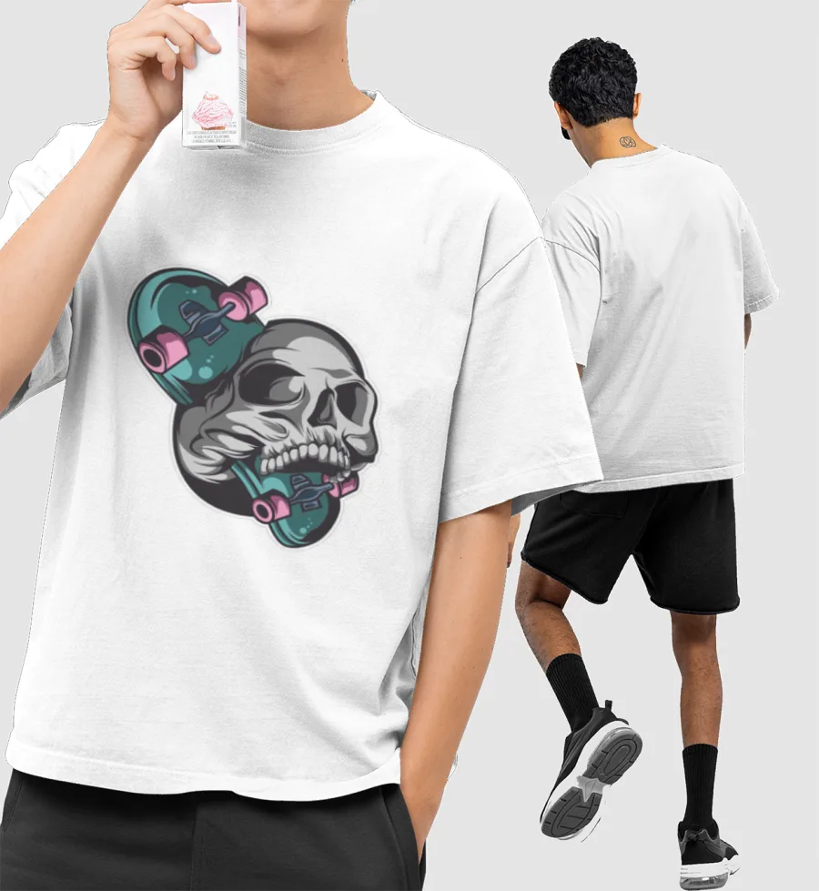 Street style cool skul Front-Printed Oversized T-Shirt