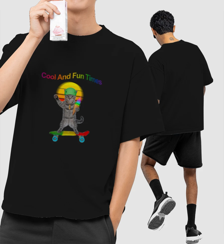 Skater Cat Front-Printed Oversized T-Shirt