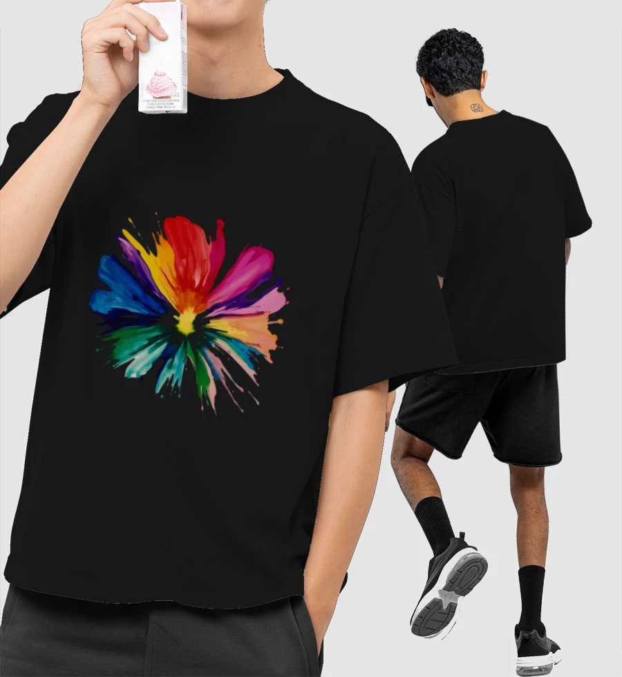 Rainbow  Flower Front-Printed Oversized T-Shirt