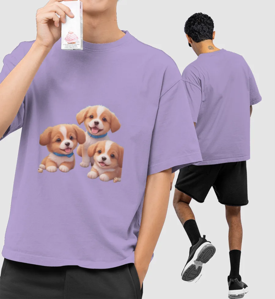 Puppy Trio Delight Front-Printed Oversized T-Shirt