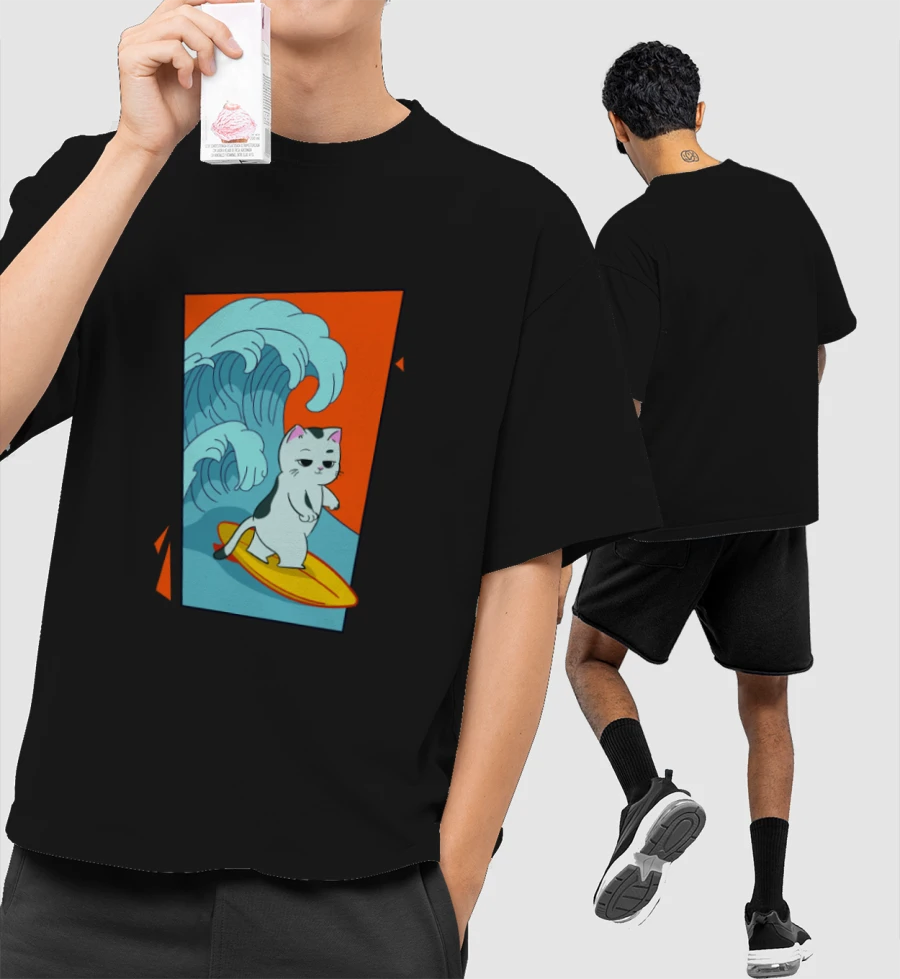 Surf's Up, Cool Cat! Front-Printed Oversized T-Shirt