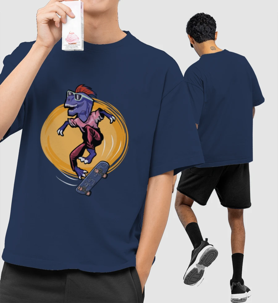 Skateboard Dino Front-Printed Oversized T-Shirt