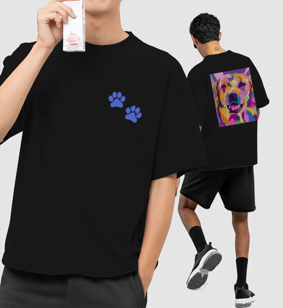 paws in blue Oversized T-Shirt (Front & Back Print)