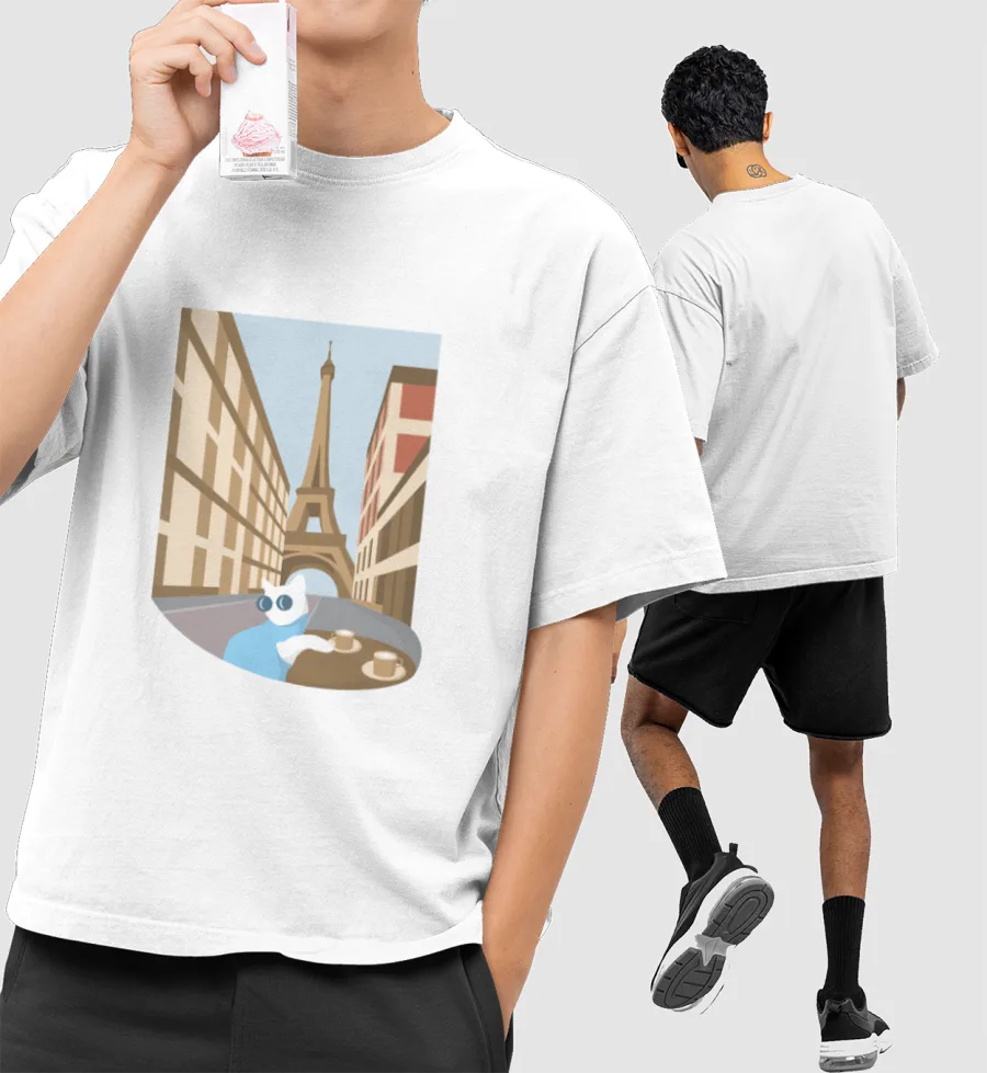 Travelling cat in Paris Front-Printed Oversized T-Shirt