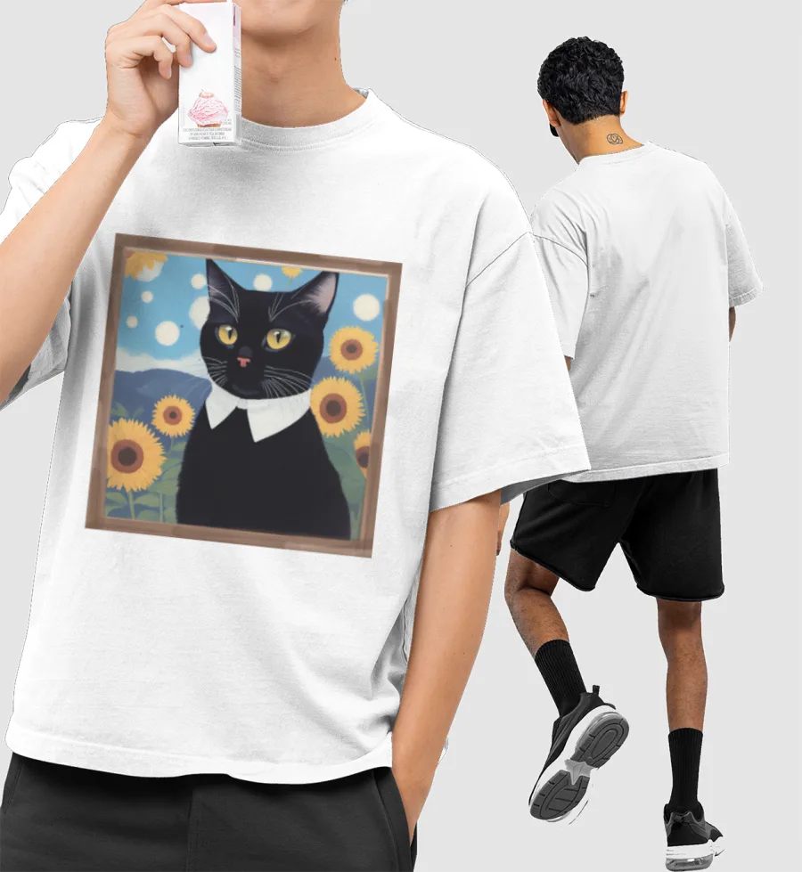 Van Gogh cat Front-Printed Oversized T-Shirt