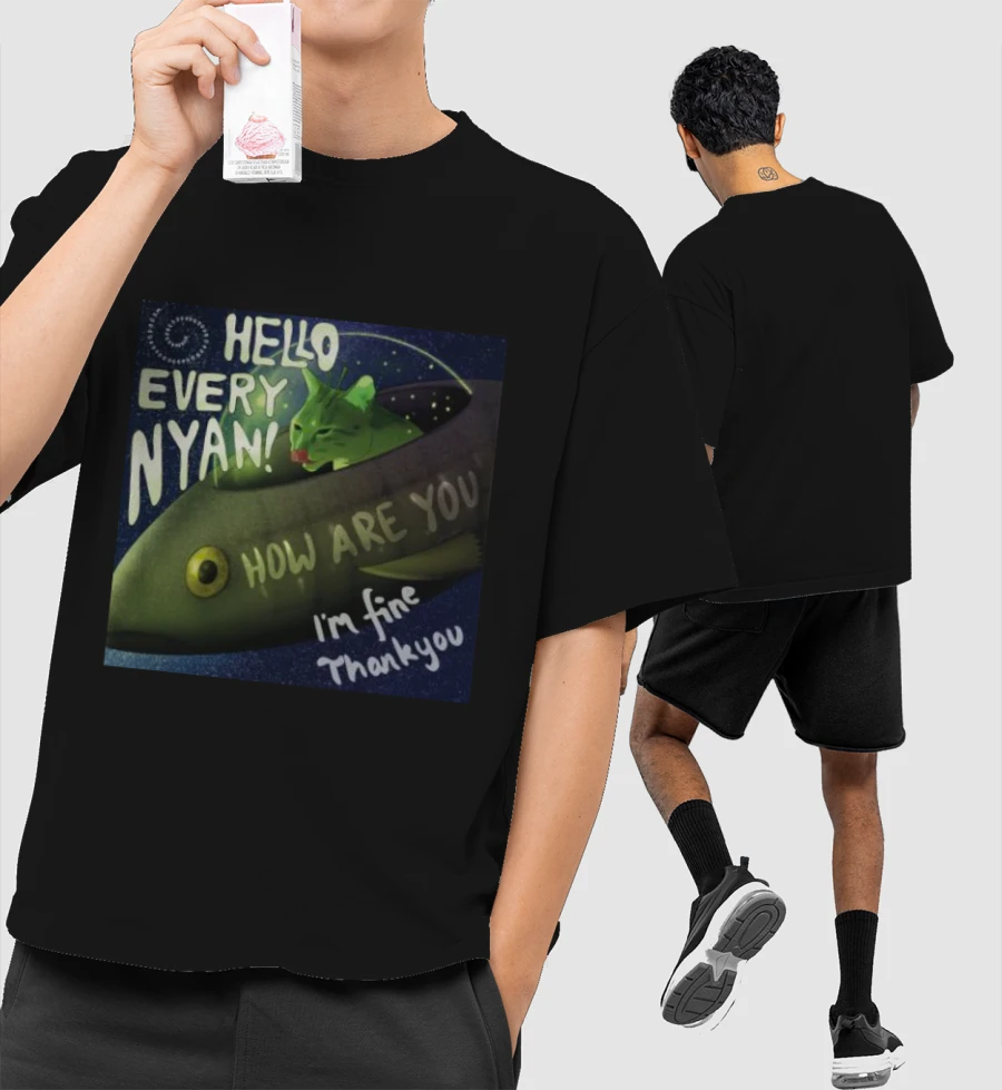 Hello Everynyan Front-Printed Oversized T-Shirt