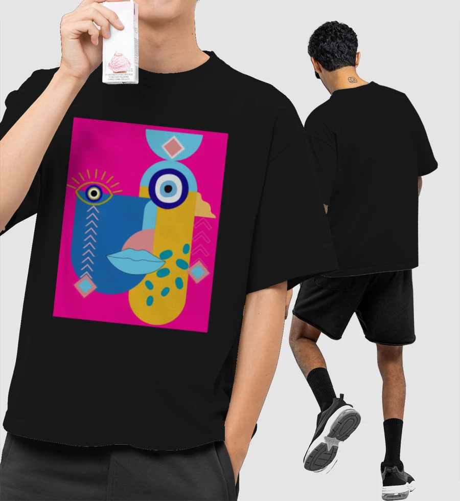 Abstract Face Front-Printed Oversized T-Shirt