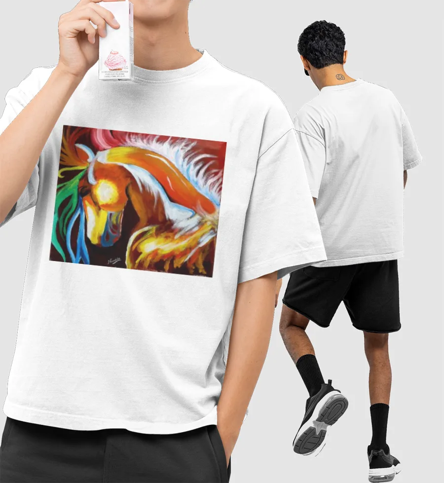 Vibrant Horse Front-Printed Oversized T-Shirt