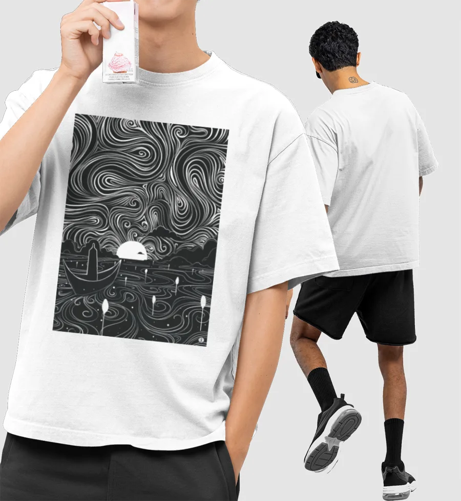 Moon Boat Front-Printed Oversized T-Shirt