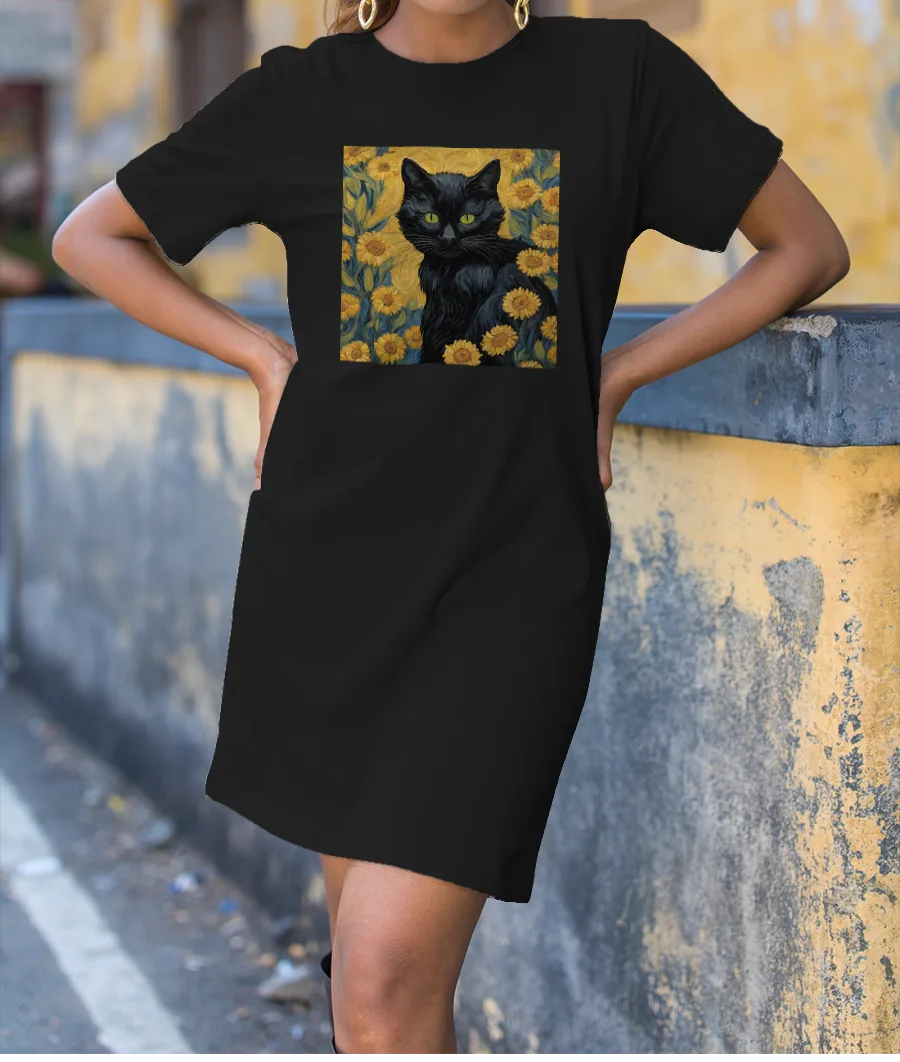 Black Cat - Van Gogh T-Shirt Dress