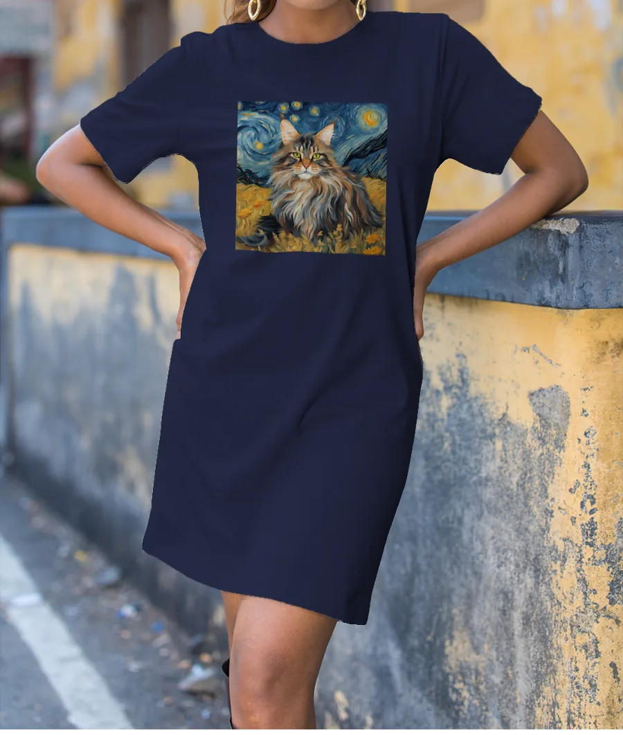 Maine Coon Cat - Van Gogh T-Shirt Dress