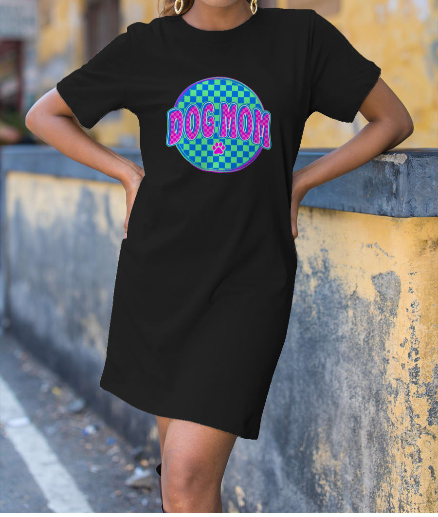 Retro Checkered Dog Mom T-Shirt Dress