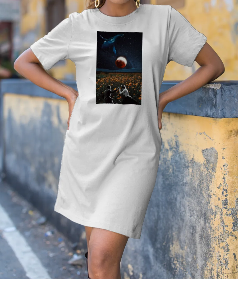 Surrealist Whale and dancing couple in sunflower field.  T-Shirt Dress