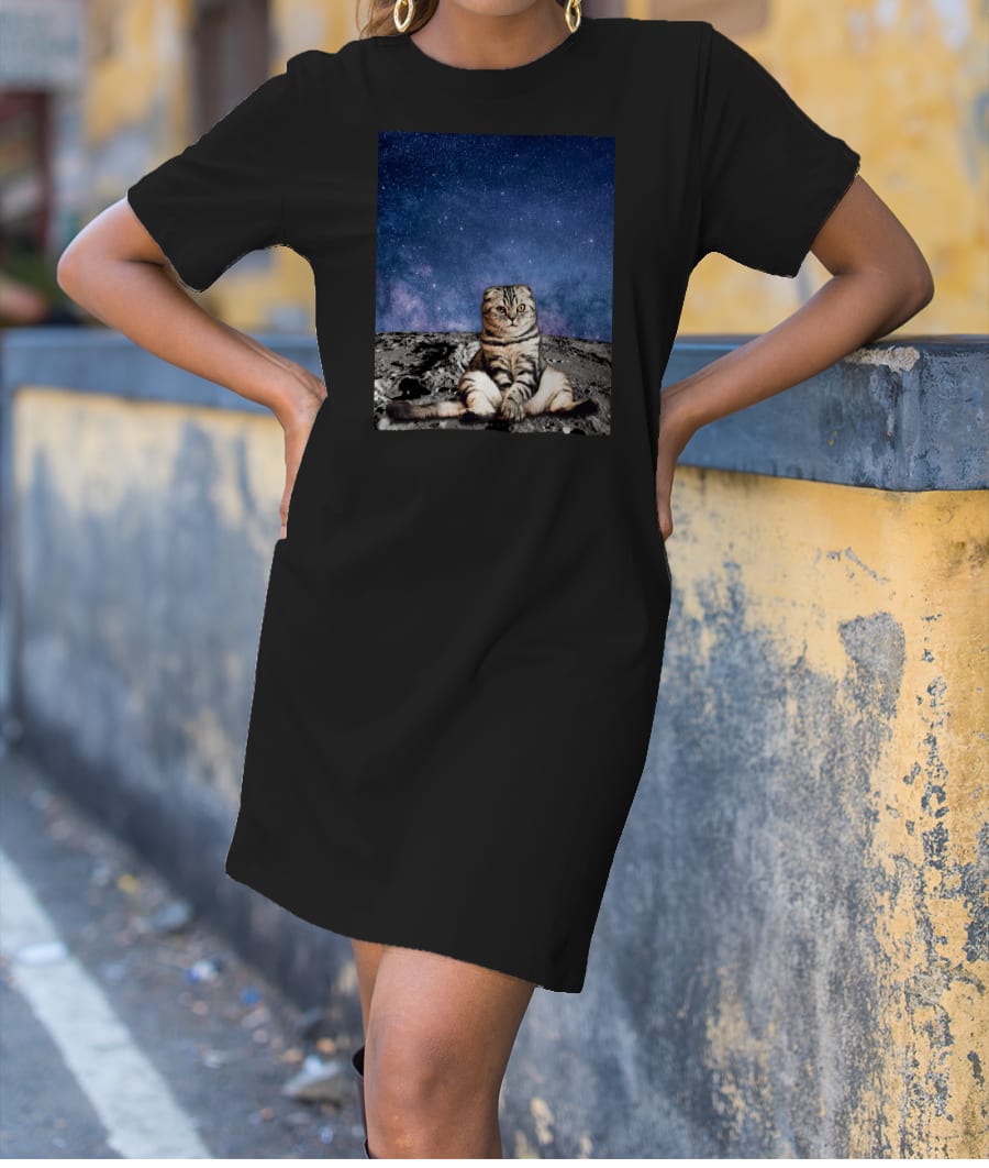 Cat Watching D Sunrise on Moon T-Shirt Dress