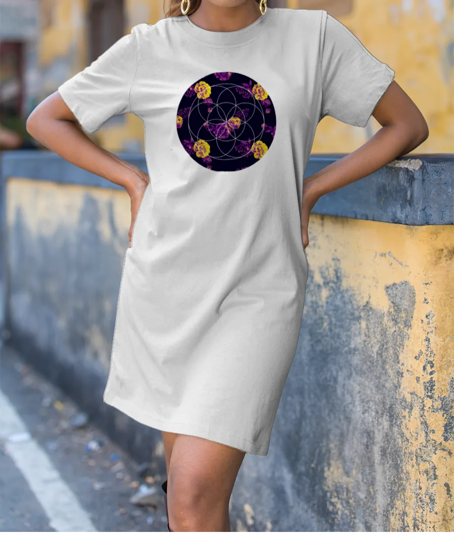 Vintage yellow and purple flower pattern  T-Shirt Dress