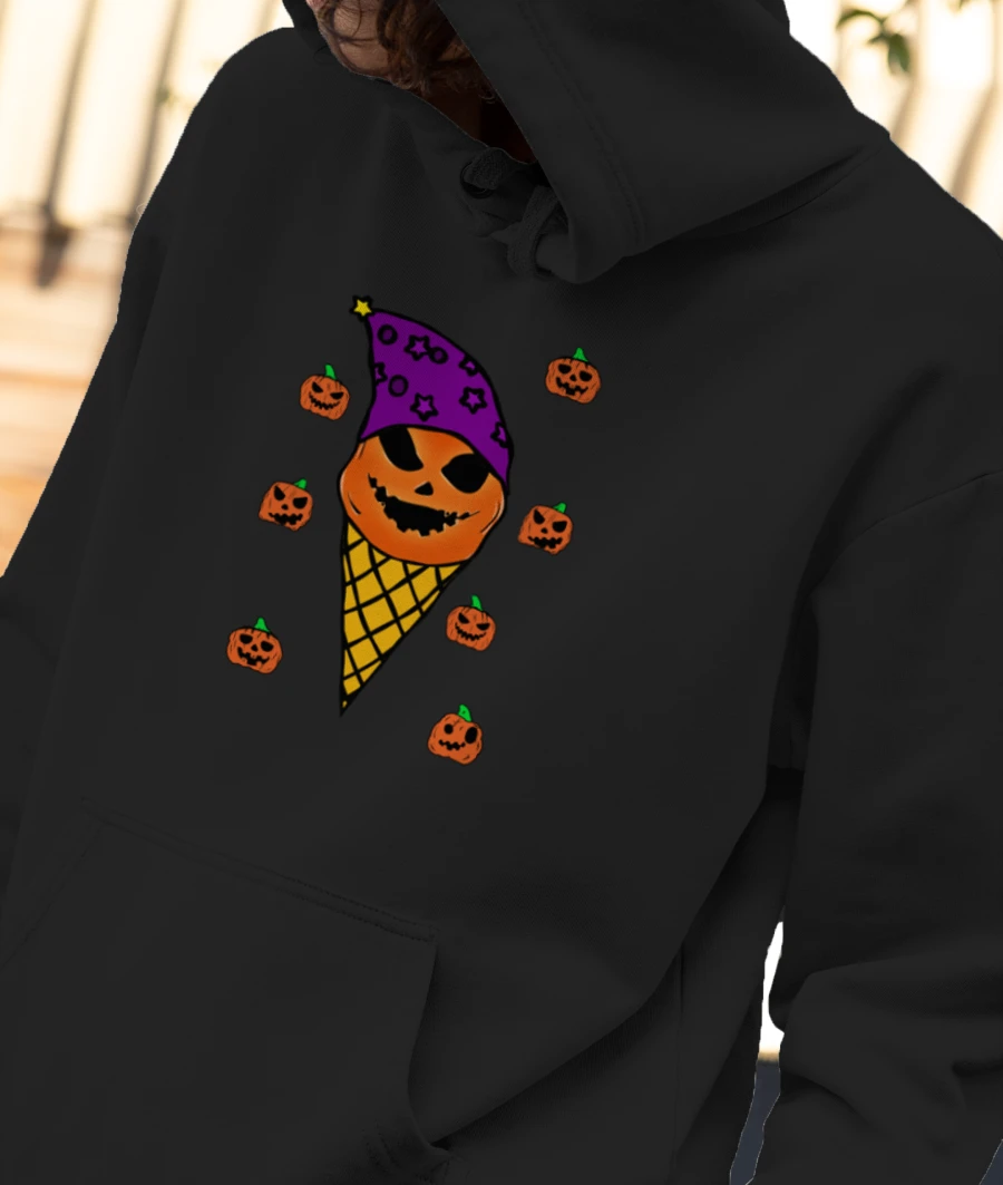 Spooky Halloween Pumpkin Purple Hat Ice Cream Cone Front-Printed Hoodie