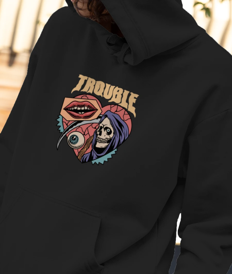 Trouble Skull and Heart Front-Printed Hoodie