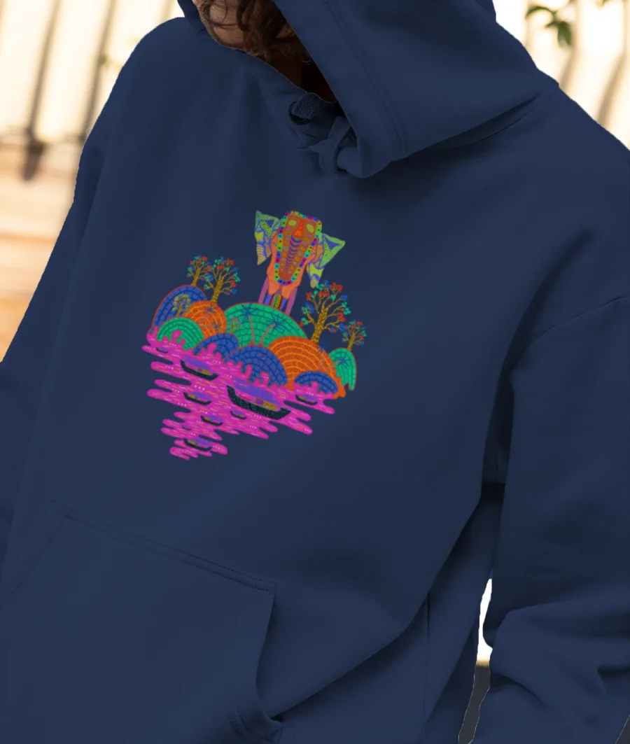 Kerala Elephant Trippy Mountains & Boat in the Ocean Front-Printed Hoodie