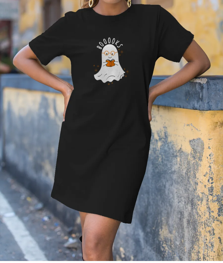 CUTE GHOST READING HALLOWEEN T-Shirt Dress