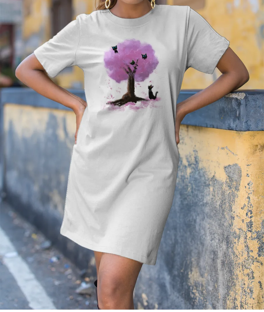 Cherry Blossoms and Cats T-Shirt Dress