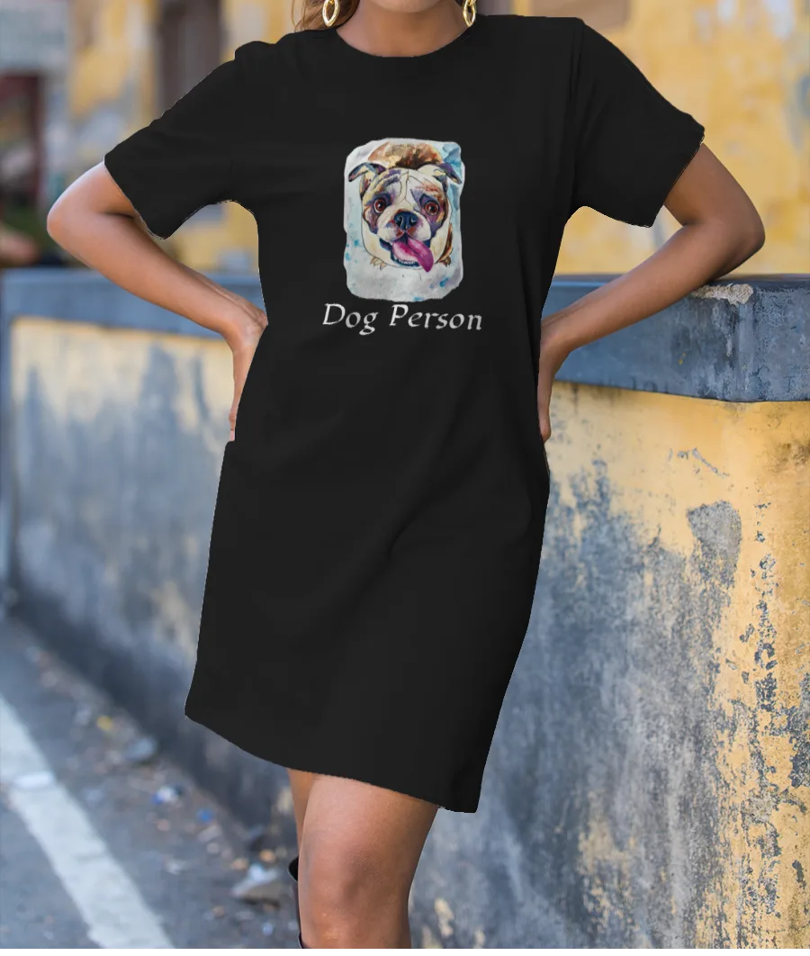 Bull Dog Looking Up Black T-Shirt Dress