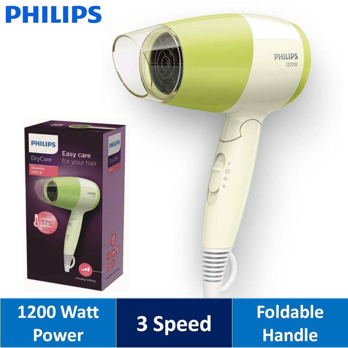 Philips Essential Hair Dryer BHC015– ThermoProtect 1200W | Compact, Foldable & Gentle Drying (Green) - Thumbnail 2