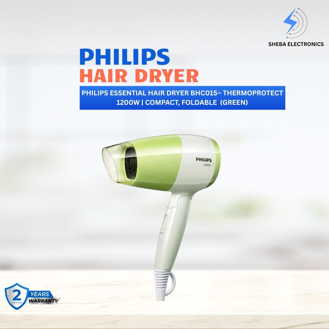 Philips Essential Hair Dryer BHC015– ThermoProtect 1200W | Compact, Foldable & Gentle Drying (Green) - Thumbnail 4
