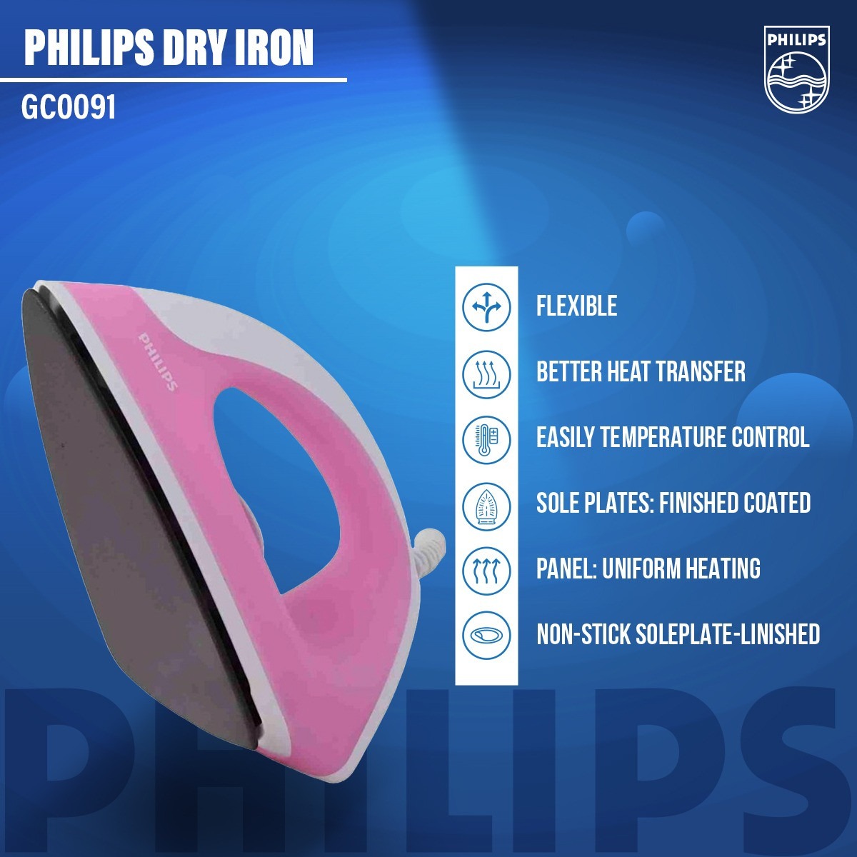 Philips Dry Iron GC091 750 Watts Nonstick (Pink Color) - Thumbnail 4