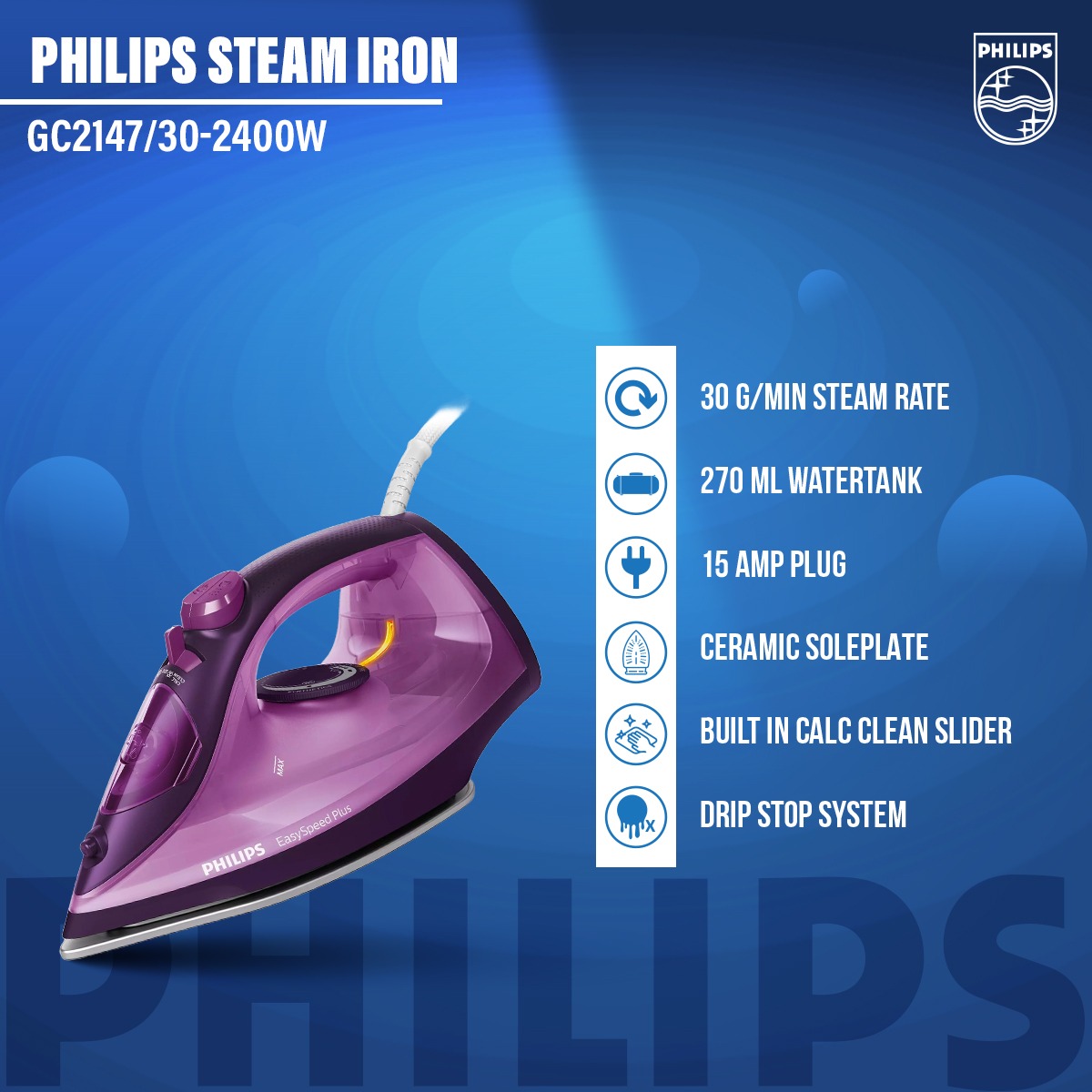 Philips GC2147/30 Easy-Speed Plus Steam Iron 2400 Watts Ceramic Soleplate Purple  (0 reviews) - Thumbnail 3