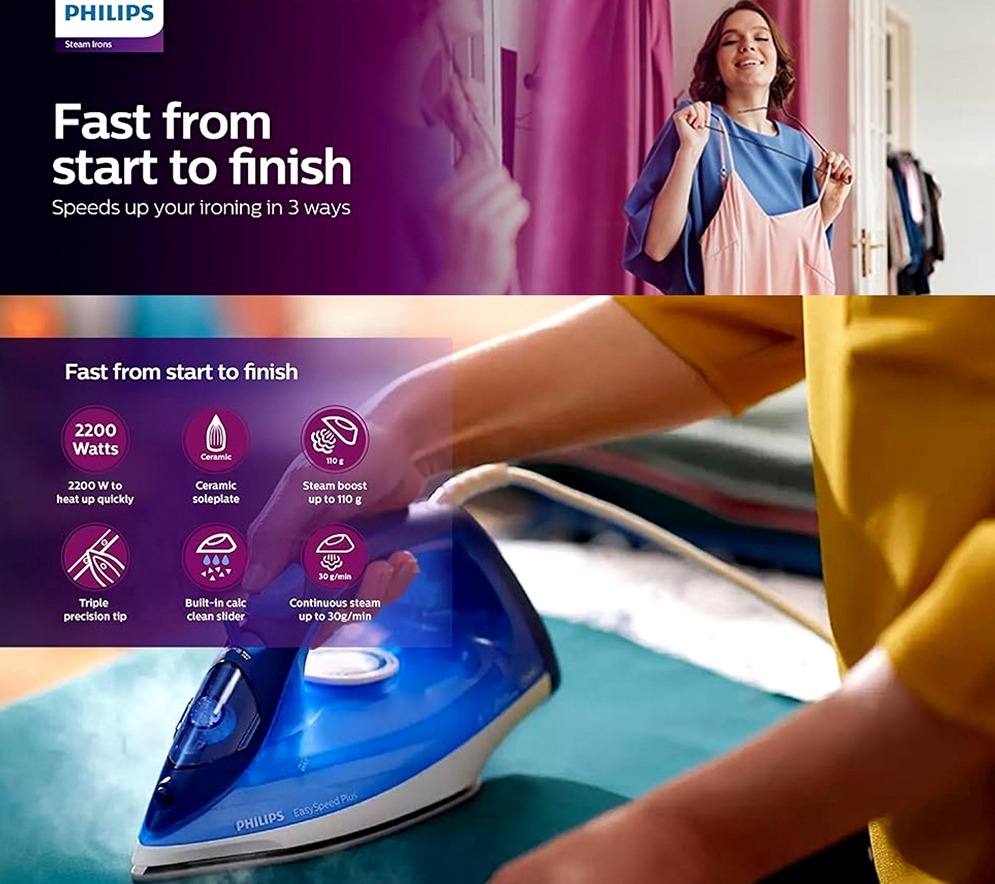 Philips GC2145/20 Easy-Speed Steam iron Ceramic soleplate 2200W Blue - Thumbnail 3