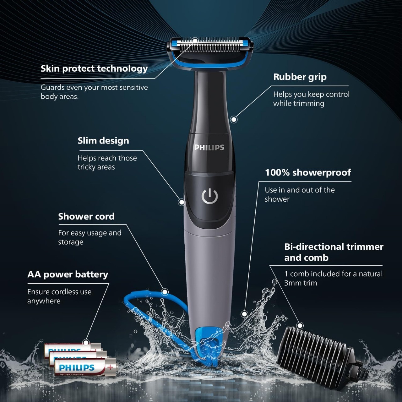 PHILIPS BG 1025/15 Showerproof Battery Powered Body Groomer Shaver For Men, - Thumbnail 4