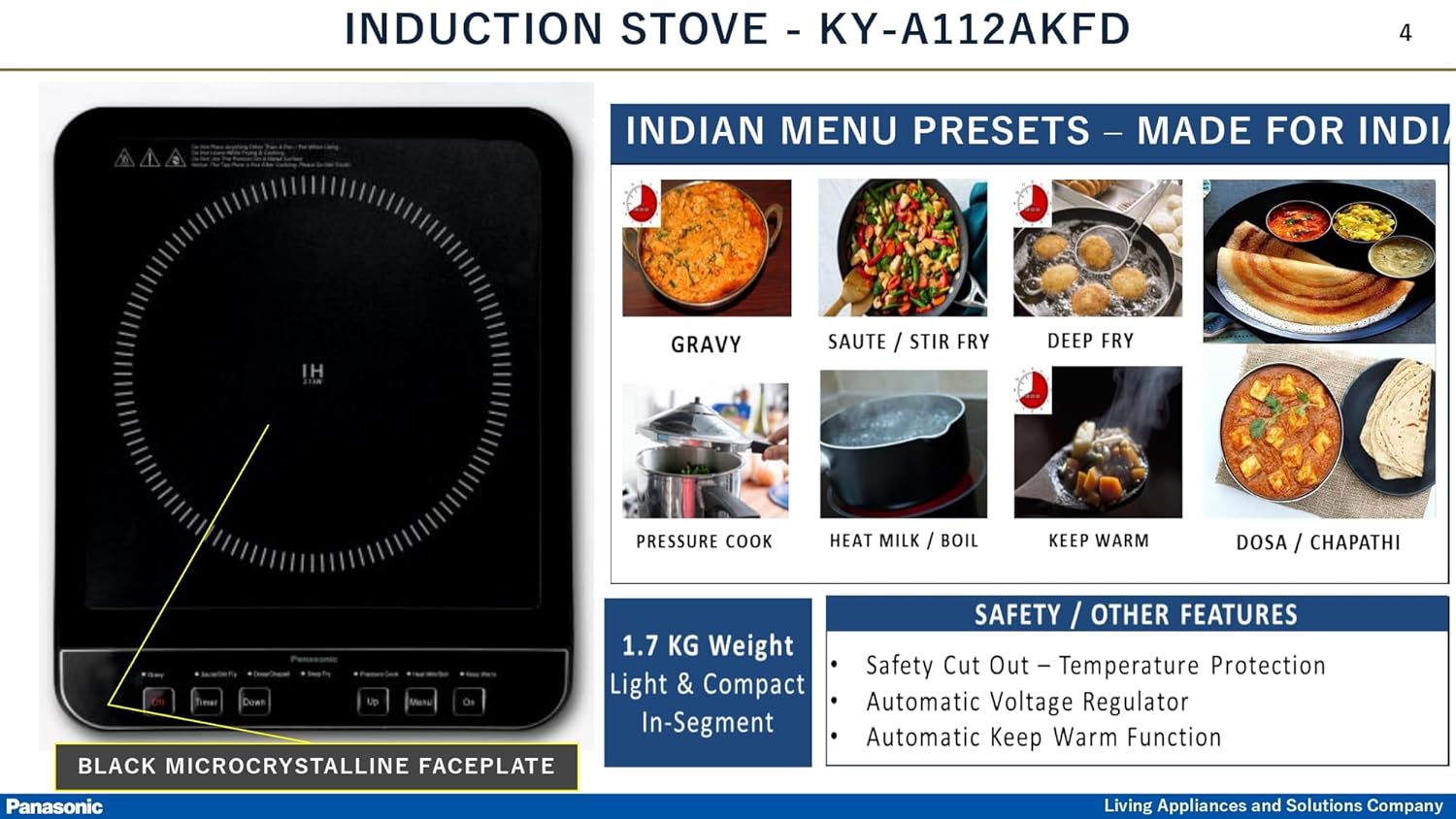 Panasonic KY-A112AKFD Induction Stove – 2100W  Automatic Voltage Regulator | Safety Cut-Off | 7 Indian Preset Menus | 1 Year Warranty - Thumbnail 2