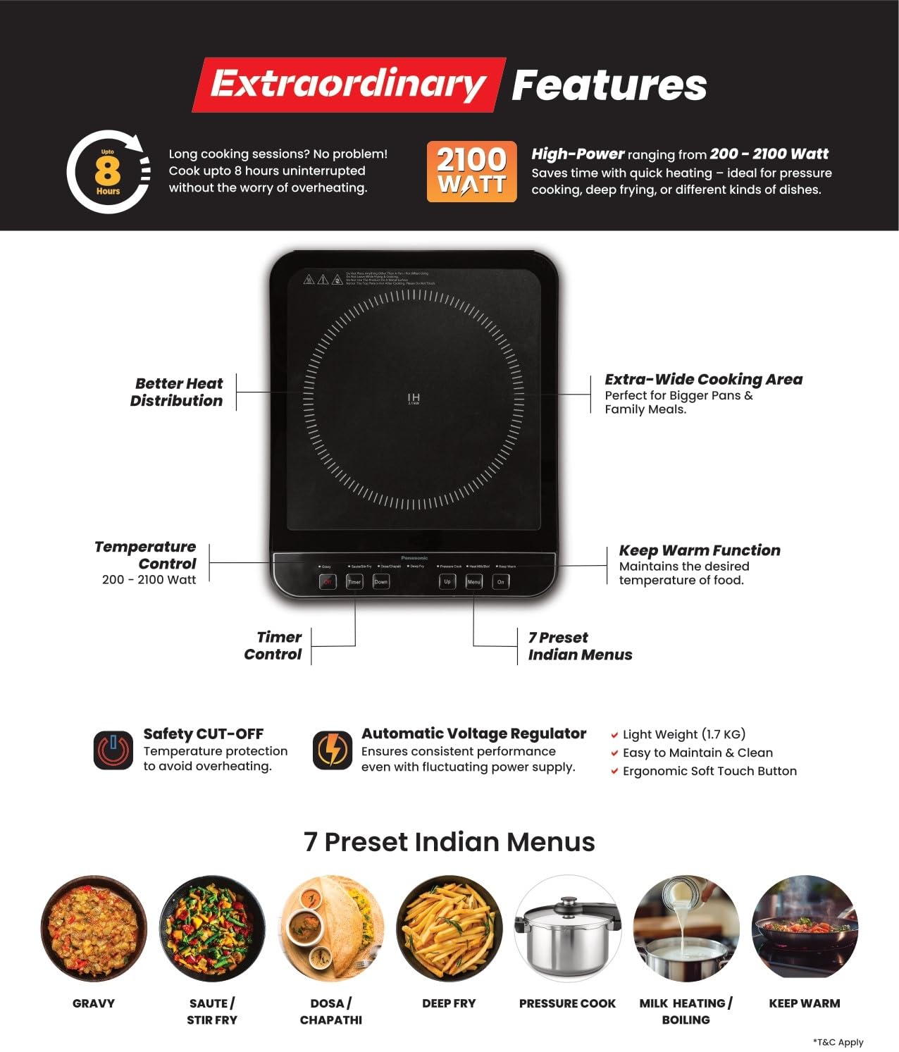 Panasonic KY-A112AKFD Induction Stove – 2100W  Automatic Voltage Regulator | Safety Cut-Off | 7 Indian Preset Menus | 1 Year Warranty - Thumbnail 4
