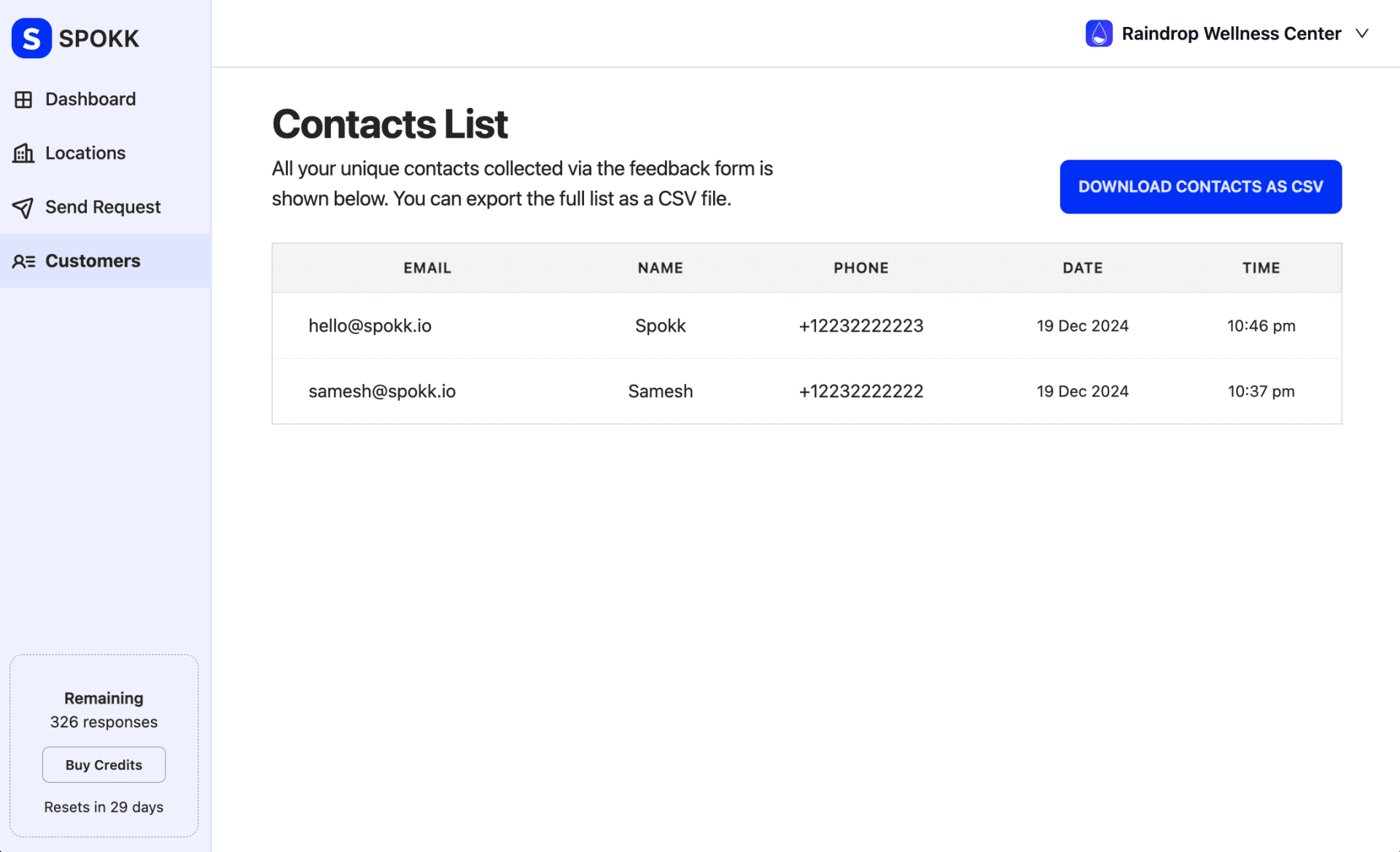 Spokk Customer Contacts
