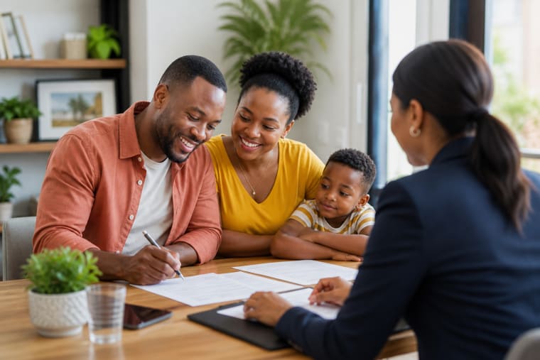 South African family meeting with an estate planning consultant while a parent signs documents
