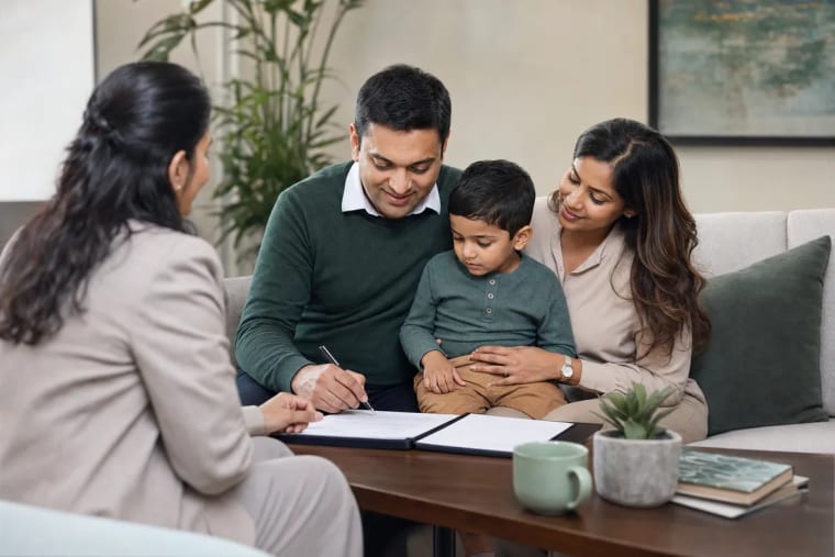 South African Indian family reviewing estate planning documents with a consultant