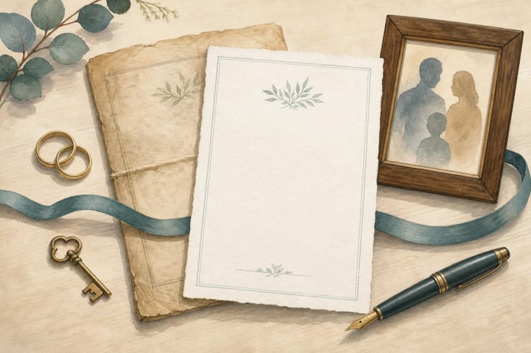 An old will beneath a clean replacement with wedding rings, a house key and a family photograph