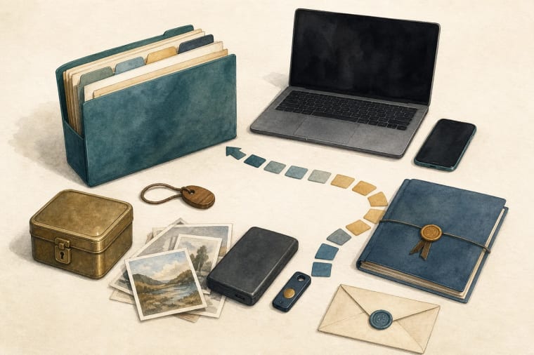 A digital asset inventory beside blank devices, executor instructions and a separate locked credential box