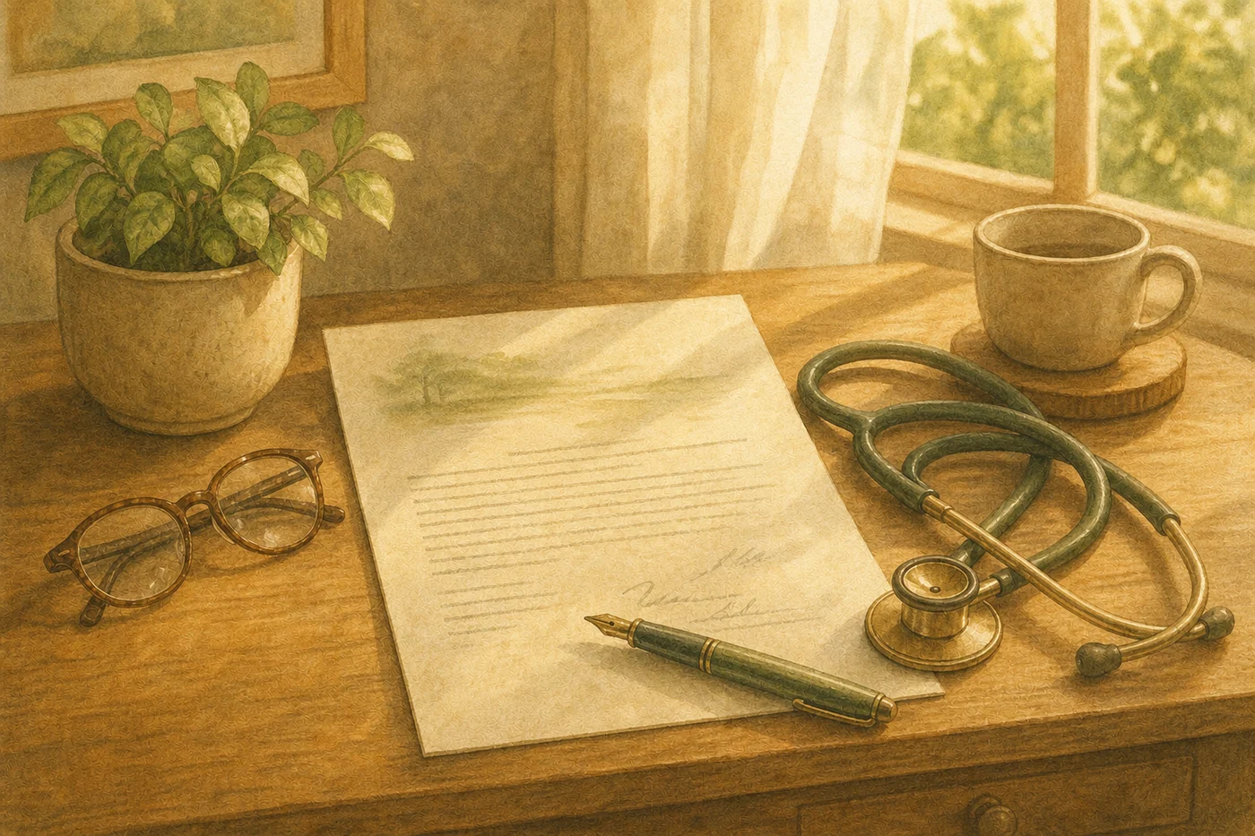 Warm watercolor desk with a blank advance directive, fountain pen, spectacles and stethoscope
