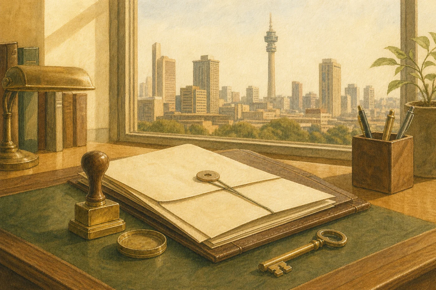 Watercolour Johannesburg skyline above an estate file, official stamp and key