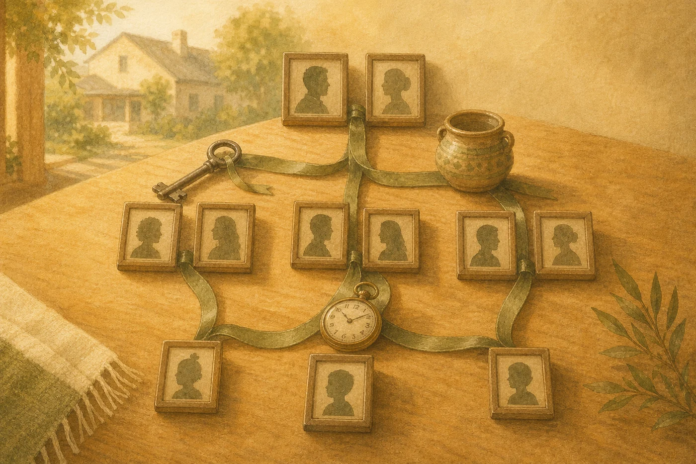 Watercolour family tree showing generations, a home and an inheritance path
