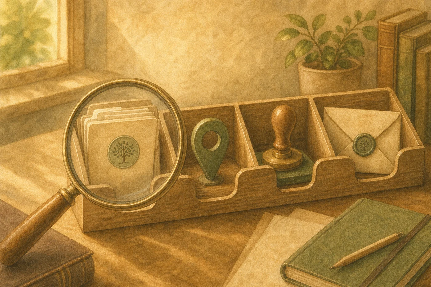 Watercolour illustration of an estate file being followed through official administration checkpoints